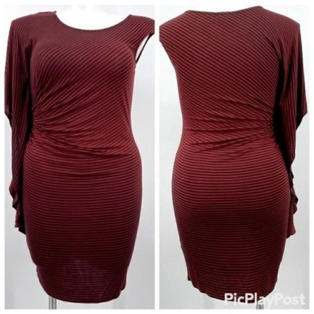 Ella moss one ruffled shoulder dress stripped maroon Large BoxB